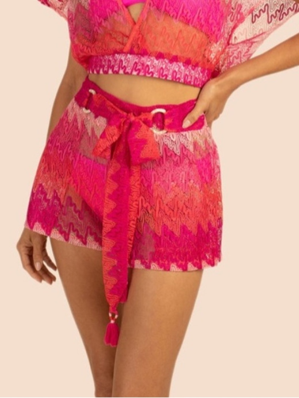 Trina Turk Hot Pink Crochet Beach Shorts & Wrap Top Set
